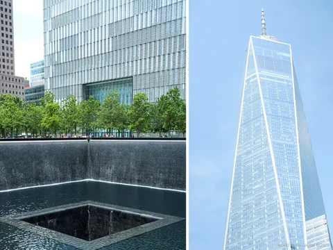 Gids leidt een 9/11 Memorial tour groep bij Ground Zero