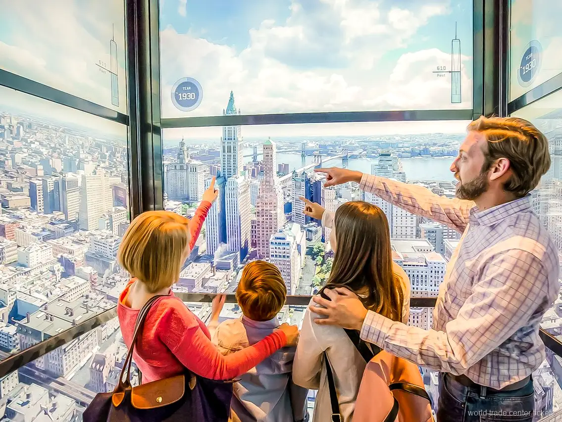 One World Trade Center tower seen from the One World Observatory ticket entrance