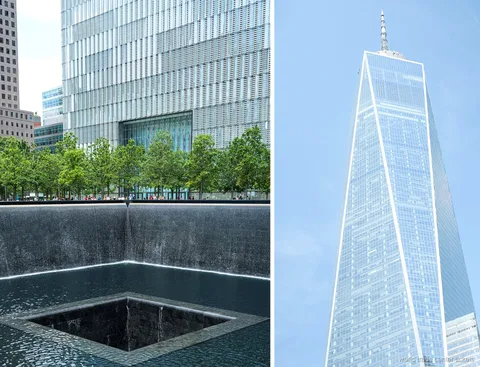 Guia conduzindo um grupo do tour do Memorial do 11 de Setembro em Ground Zero